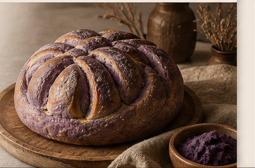 Purple ube artisan bread on a wooden board